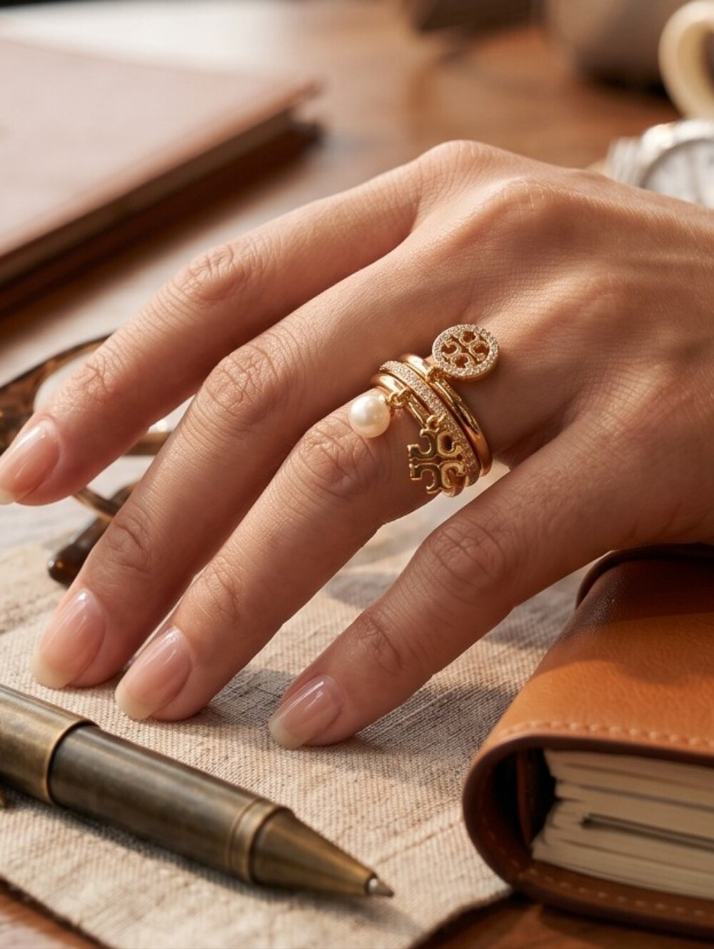 Tory Burch Icon Pavé Layered Charm Ring